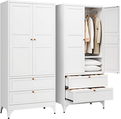 Letaya Metal Armoire Wardrobe Closet with Drawers,Clothing Storage Cabinet with Doors and Shelves,Coat Closet with Hanging Rod,Bedroom,Home,Cloak Room,White-71 H x 32" W x 18" D