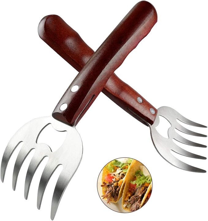 AIYUE Meat Shredding Claws Stainless Steel Pulled Pork Shredder Meat Claws for BBQ Shredding Pulling Handing Lifting & Serving Pork Turkey Chicken with Long Wood Handle (2 PCS,BPA Free)