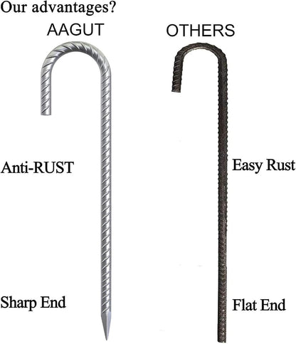 AAGUT 12 Inch Rebar Stakes J Hook 16 Pcs 3/8" Chain Link Fence Stakes Heavy Duty Galvanized Steel Tent Stakes Ground Anchors for Hard Firm Soil, Silver