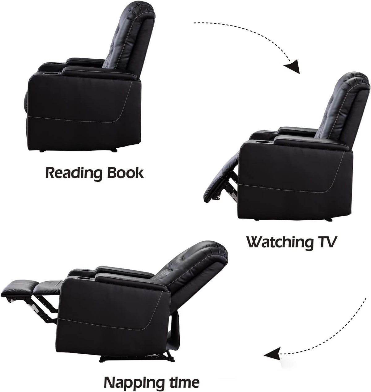 CANMOV Electric Power Recliner Chair with USB Ports and Cup Holders, Breathable Leather Home Theater Seating with Hidden Arm Storage (Black)