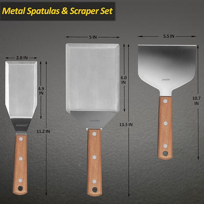 Stainless Steel Metal Spatula Set For Griddle, Grill Spatula Scraper for BBQ/Flat Top Grill- Full Tang Handle -Thicked Blade- Beveled Edges, Great Griddle Accessories for Pancake/Smash Burgers