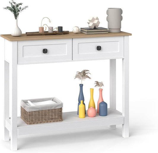 kinbor Entryway Table - White Console Table with 2 Drawers, Narrow Small Console Table with Storage Shelf for Entryway, Living Room, Hallway, Easy to Install, White