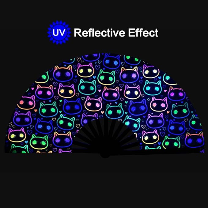 UV Glow Rave Fan, Bamboo Folding Clack Hand Fan for Men Women (Cute Cat, Large 13")