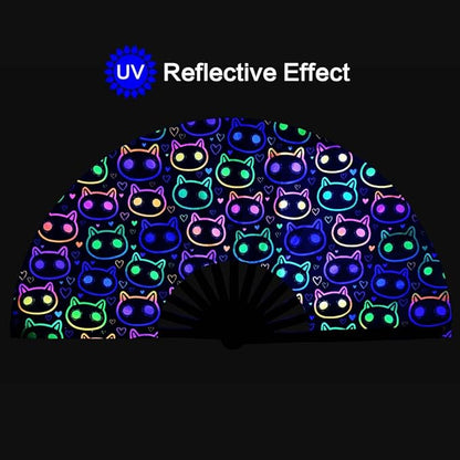 UV Glow Rave Fan, Bamboo Folding Clack Hand Fan for Men Women (Cute Cat, Large 13")