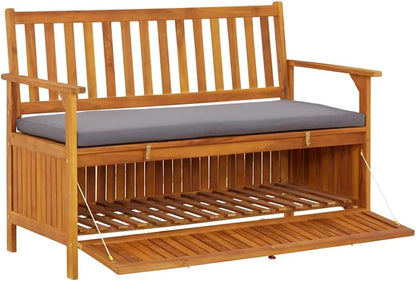 Patio Storage Bench with Cushion, 47.2 inch Outdoor Garden Seating, Solid Acacia Wood Furniture for Backyard, Porch, Deck, Gray