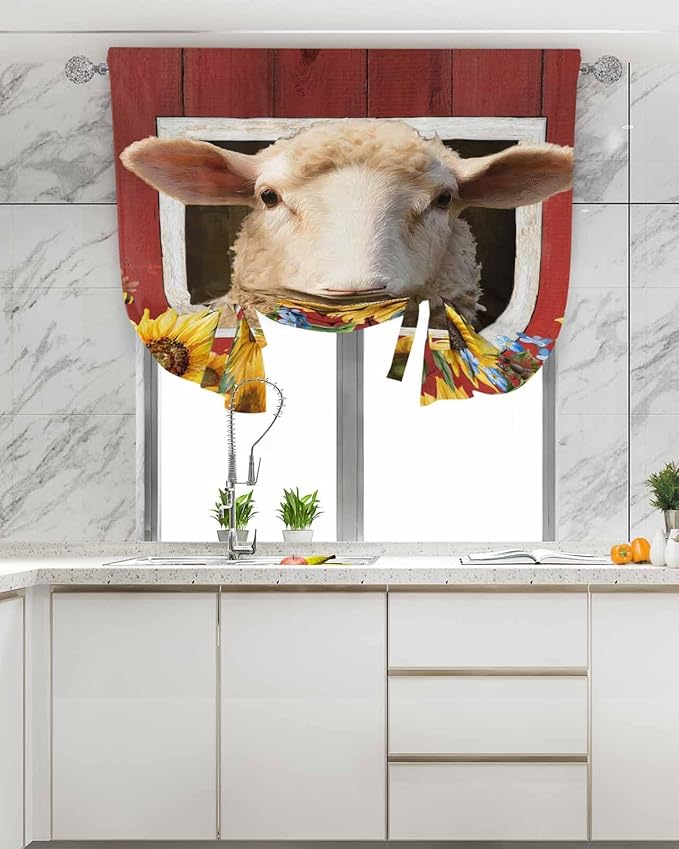 Tie Up Curtains for Windows, Sheep Sunflower Adjustable Balloon Nature Linen Textured Kitchen Curtain, Country Red Farm Barn Spring Flowers Room Darkening Curtains for Glass Door, 42 x 45 in