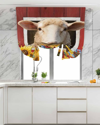 Tie Up Curtains for Windows, Sheep Sunflower Adjustable Balloon Nature Linen Textured Kitchen Curtain, Country Red Farm Barn Spring Flowers Privacy Curtains Balloon Blind for Cafe, 42 x 63 Inches