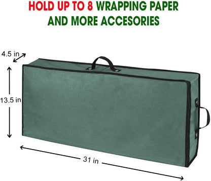 Wrapping Paper Storage Container | Under Bed Gift Wrap Organizer for 30 Inch Rolls | 31”x13.5”x4.5” | 600D Oxford Material | Box Holder with Pockets for Ribbon, Bows, and Accessories (Green)