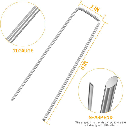 WAENLIR 6 inch 200 Pack Garden Staples Galvanized Landscape Stakes, Heavy Duty Fence Stakes Sod Pins for Securing Weed Fabric Barrier,Ground Cover, Artificial Turf,Dog Fence