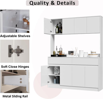 Mekminop Kitchen Hutch Storage Cabinet, 63" W Large Pantry Cabinets with Microwave Oven Countertop, Freestanding Kitchen Pantry Storage Cabinet with 4 Doors, 2 Drawers and 7 Shelves, White
