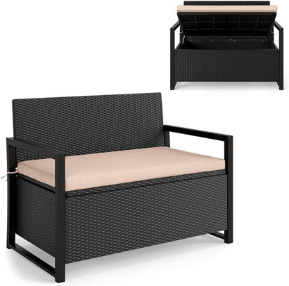 PE Rattan Outdoor Storage Loveseat Brown UV-Resistant Woven Rattan Pattern, 40-Gallon Under-Seat Storage, 800lbs Capacity for Patio