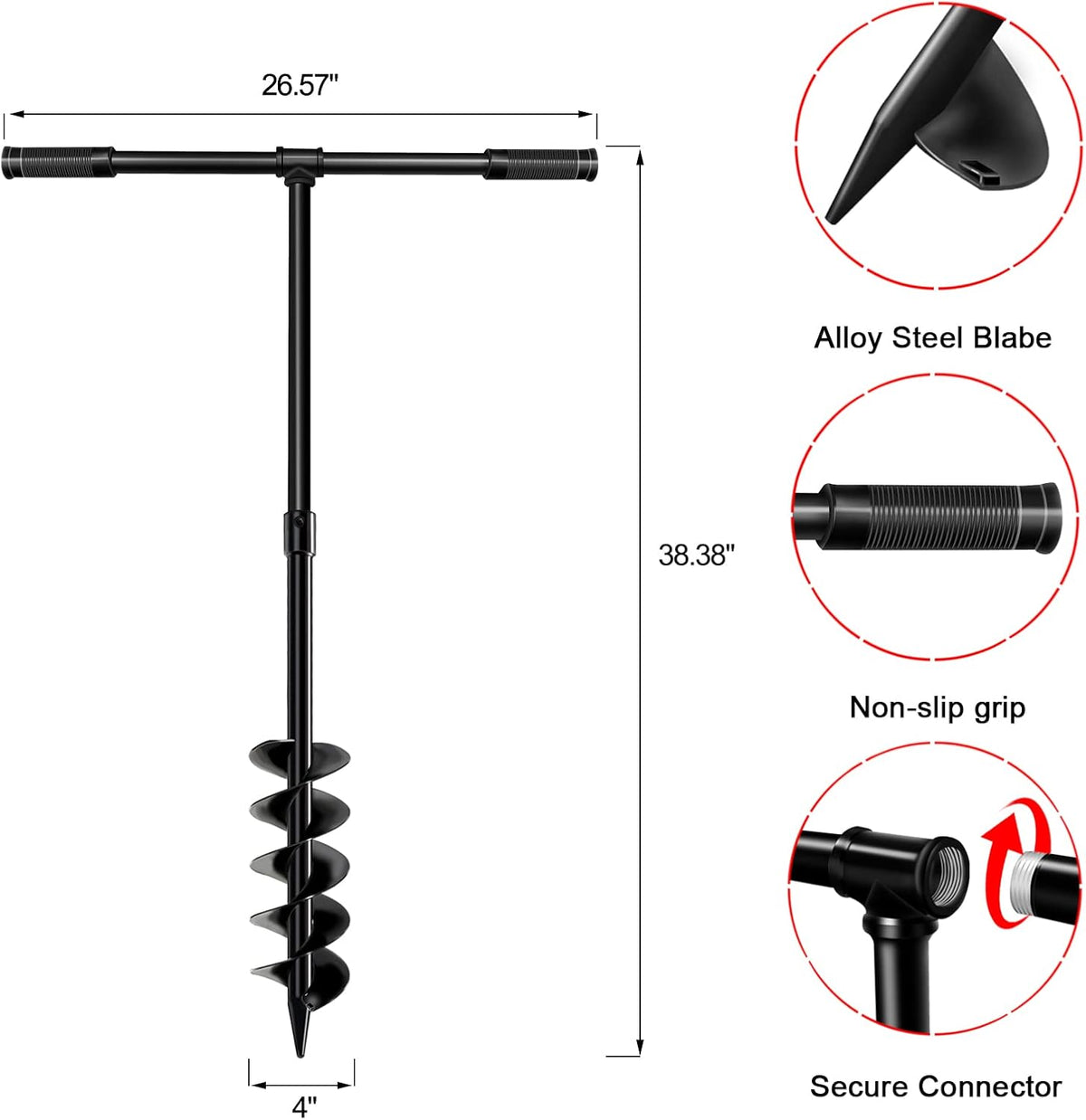 LONGRUN Hand Drill Auger Post Hole Digger, Manual Garden Hole Digging Drill Bit for Planting, Spiral Drill Planter for Bulb, Flower, Tree, Seedlings, Bedding Plants, Umbrella, Fence Holes-4"x 38"