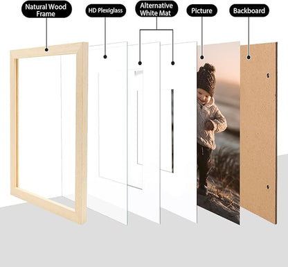 KINLINK 11x14 Picture Frame White Oak, Solid Light Wood Frames with Acrylic Plexiglass for Pictures 5x7/8x10 with Mat or 11x14 without Mat, Tabletop and Wall Display, Set of 4