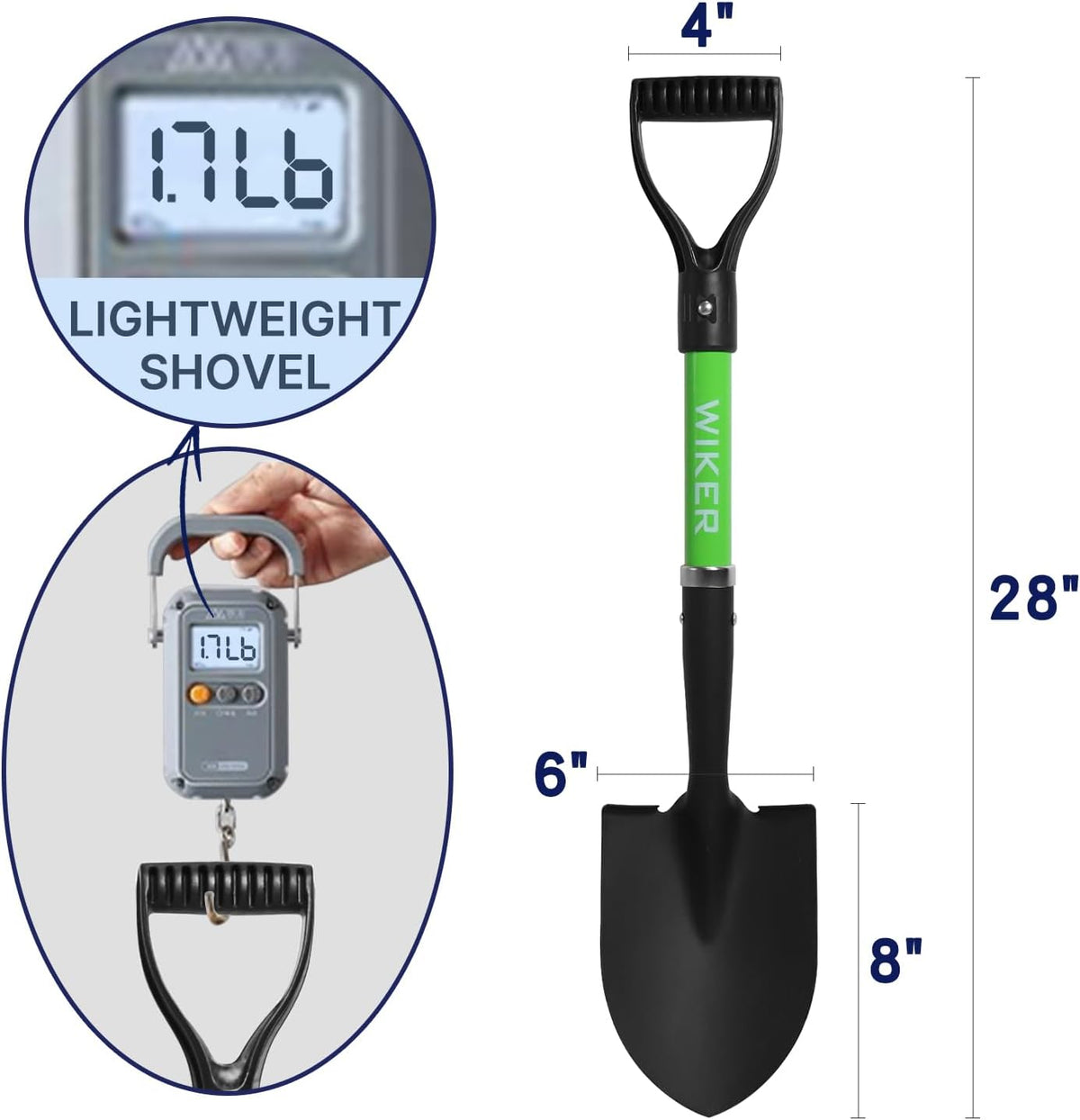 WIKER Beach Shovel,Kids Shovels for Digging,Short Handle Metal Shovel,Small Shovels for Gardening,Camping,Planting,28Inches,Green
