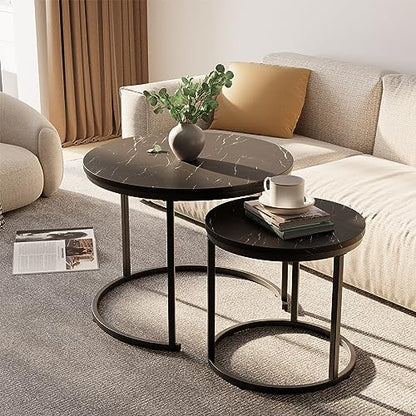 aboxoo Round Nesting Coffee Table Side Set of 2 End Tables for Living Room Bedroom Balcony,Black Faux Marble Wooden Table 23.6IN Accent Large Coffee Table with Steel Frame