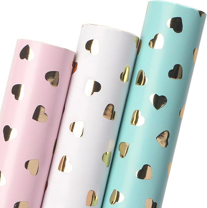 Ribbli Birthday Wrapping Paper Heart Foil Mini Roll Gift Wrap for Women Girls Anniversary Mother's Day Valentine’s Day Wedding 17 inch x 120 inch(10feet) Per Roll