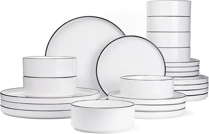 Famiware Nebula Plates and Bowls Set, 24 Pieces Dinnerware Sets, Dishes Set for 8, White with Black Rim