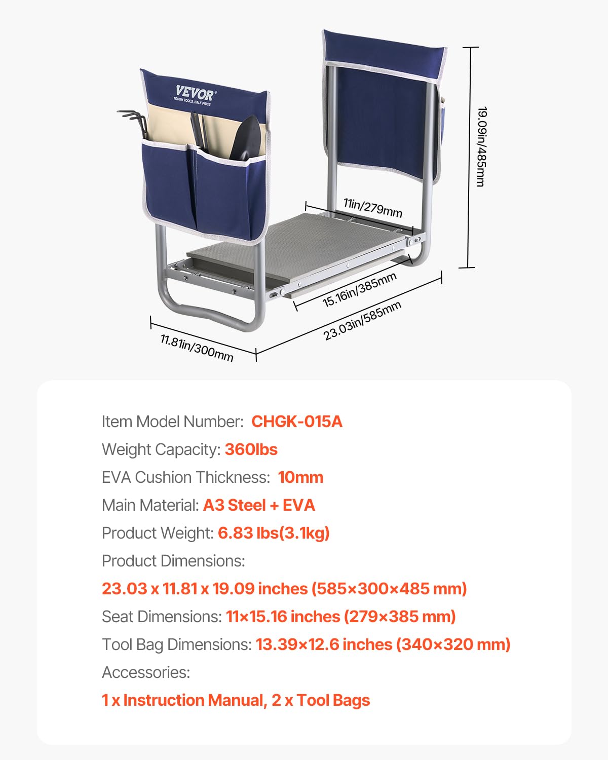 VEVOR Garden Kneeler and Seat Heavy Duty, Portable Garden Stool with 11'' EVA Kneeling Pad and 2 Tool Bags, Folding Garden Bench to Relieve Knee & Back Pain, Great Gifts for Seniors, Family Gardeners