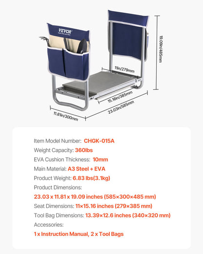 VEVOR Garden Kneeler and Seat Heavy Duty, Portable Garden Stool with 11'' EVA Kneeling Pad and 2 Tool Bags, Folding Garden Bench to Relieve Knee & Back Pain, Great Gifts for Seniors, Family Gardeners
