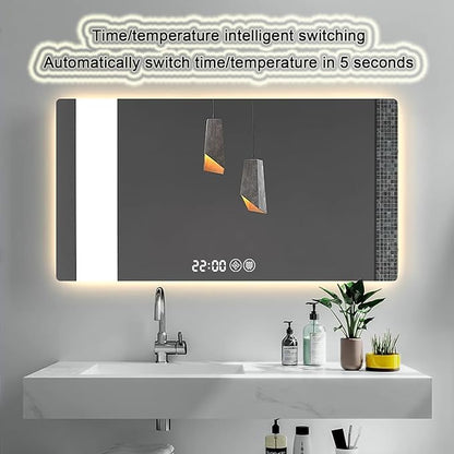 Bathroom Mirror with LED Lights，LED Bathroom Mirror，Smart Lighted Bathroom Mirror for Wall，Energy-Saving LED Smart Mirrors，with Demister Pad，Three-Color Light(H70*W90cm/H27.6*W35.4IN)