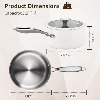 3 Quart Tri-ply Stainless Steel Saucepan with Glass Lid, Induction Sauce Pan Compatible with All Cooktops, Non-Toxic Sauce Pot with Stay Cool Handle, Oven & Dishwasher Safe