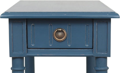 East at Main Handmade Solid Wood Narrow End Table with Drawer, Slim Blue Side Table for Bedroom, Living Room, or Entryway, Farmhouse Accent Furniture with Shelf and Turned Legs