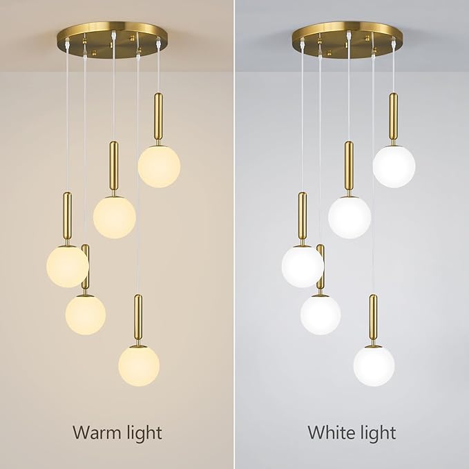 Modern Gold Pendant Light Hanging Fixture Light for Kitchen Island Mid Century with Globe Pendant Light Milk White Glass Pendant Lighting for Living Room Bedroom Entryway (5 Lights)