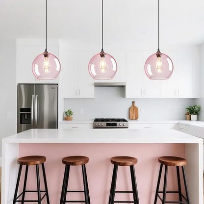 Pink Glass Pendant Lights Kitchen Island Globe Pendant Light Fixtures Modern Pendant Lighting for Bedroom Living Dining Room Light Fixture (9.84 in, 3 Pack)