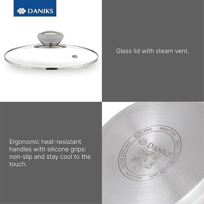 Daniks Modern Stainless Steel Stock Pot with Glass Lid – Induction 7 Quart, Dishwasher Safe, Heatproof Handles, For Soup, Pasta, Stew, Silver