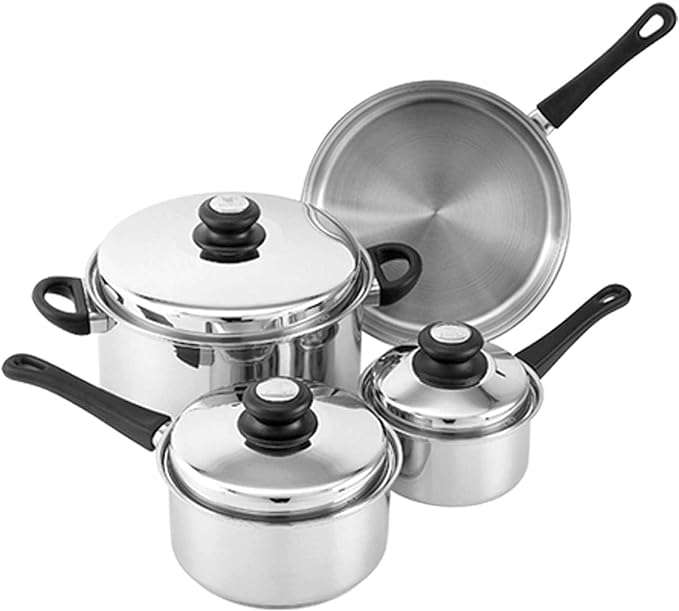 Lynns Saturn 7 Piece Cookware Set; Stainless Steel, PFTE & PFOA Free, Freezer to Oven Safe, Induction Compatible; 1QT & 2QT Saucepans, 5QT Dutch Oven, 10" Open Frypan