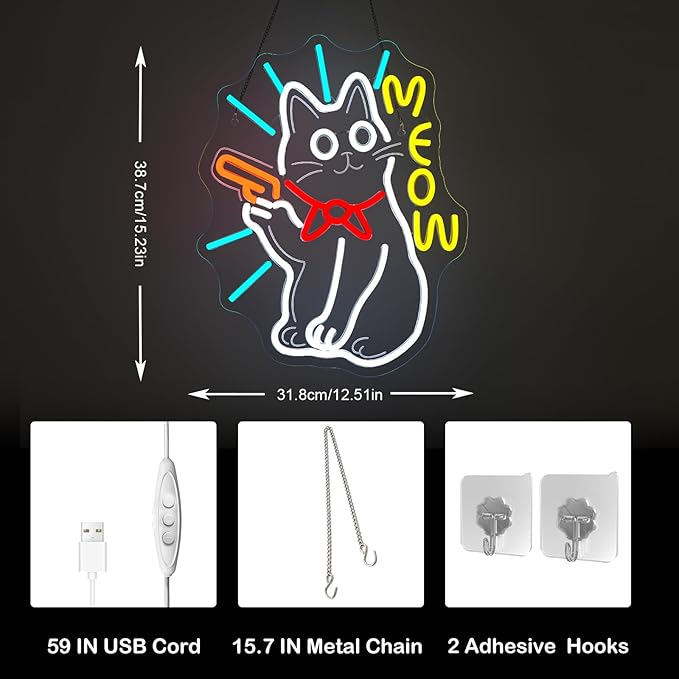 MEOW Cat Neon Sign, Cute LED Wall Light for Bedroom, Game Room, Bar, Cat Lovers Gift, USB Powered, Dimmable