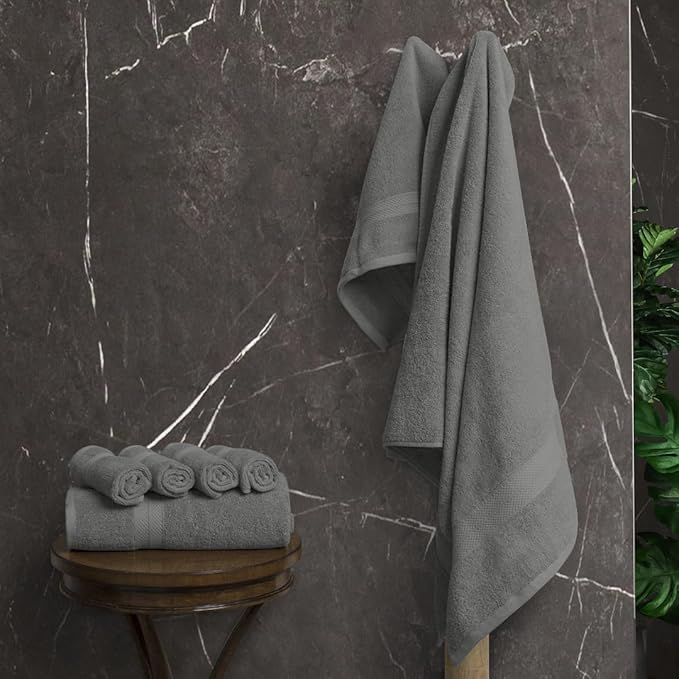 Avalon Towels Luxury 8 Piece Towels Set, 2 Bath Towels, 2 Hand Towels and 4 Washcloths, 600 GSM 100% Ring Spun Cotton Highly Absorbent Bathroom Towel Set, Ideal for Hotel, Spa and Gym (Grey)