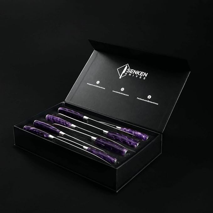 SENKEN 8-Piece Japanese Knife Set with Blue Resin Handle and Laser Damascus Pattern - Cerulean Collection - Chef's Knife, Cleaver, Santoku Knife, Bread Knife, Paring Knife, & More (Amethyst Purple)