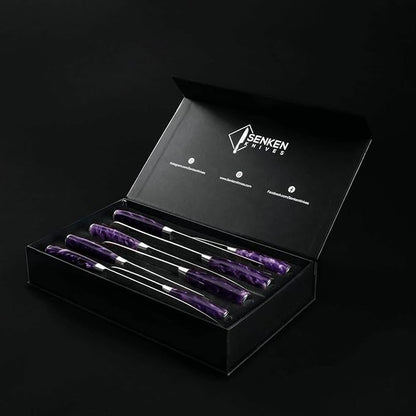 SENKEN 8-Piece Japanese Knife Set with Blue Resin Handle and Laser Damascus Pattern - Cerulean Collection - Chef's Knife, Cleaver, Santoku Knife, Bread Knife, Paring Knife, & More (Amethyst Purple)