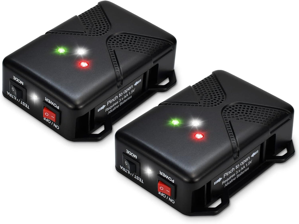 Ultrasonic Rodent Repellent for Car Engine - Battery Powered Under Hood Animal Repeller with Flashing Strobe Light, Keeps Rats and Mice Away from Vehicle, Automobile, Truck, Garage, Attic, Pack of 2