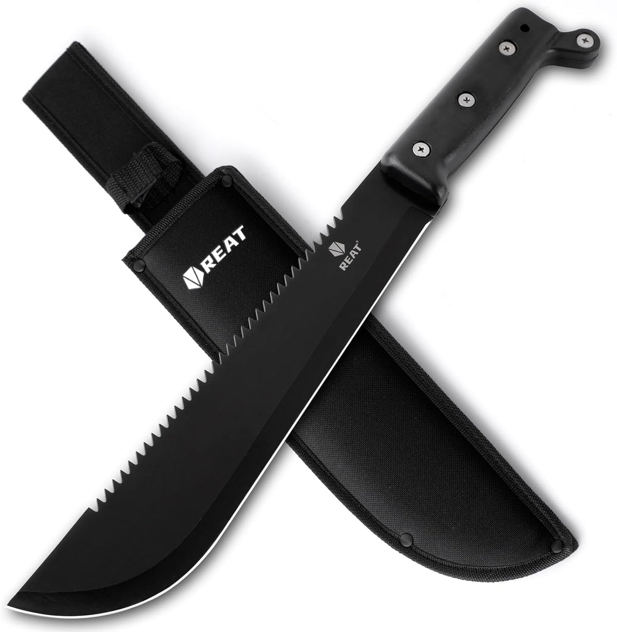 REAT Machete with Saw, 17" Full Tang Fixed Blade Hunting Knife with Sheath, Ergonomic No-Slip Handle,Machetes for Cutting Trees,Yard Work,Bushcraft, Survival