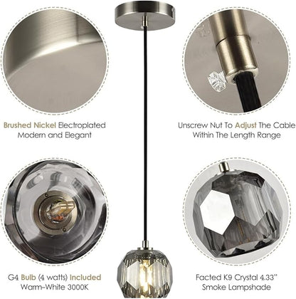Modern Pendant Light, Small Brushed Nickel Crystal Pendant Light Fixture, Single Smoke Crystal Island Pendant Lighting for Kitchen Dining Room