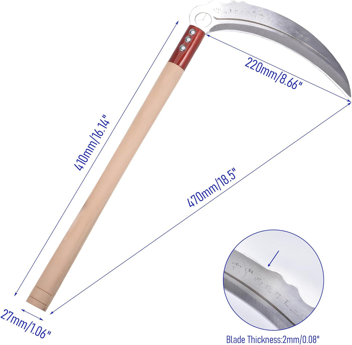 1pce 470mm/18.5in Carbon Steel Billhook Brush Clearing Sickle for Grass,Weeding Tools for Garden,Curved Sawtooth Sickle,Machete Axe for Cutting Trees,Steel Blade Knife in Hand
