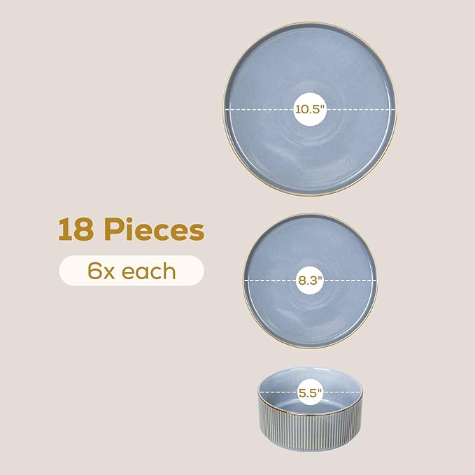 Romswi Ceramic 18Pcs Dinnerware Sets,Stoneware Plates and Bowls Set for 6, Chip & Scratch Resistant Ribbed Dish Set, Handmade Reactive Glaze, Oven, Microwave & Dishwasher Safe, Gray Blue