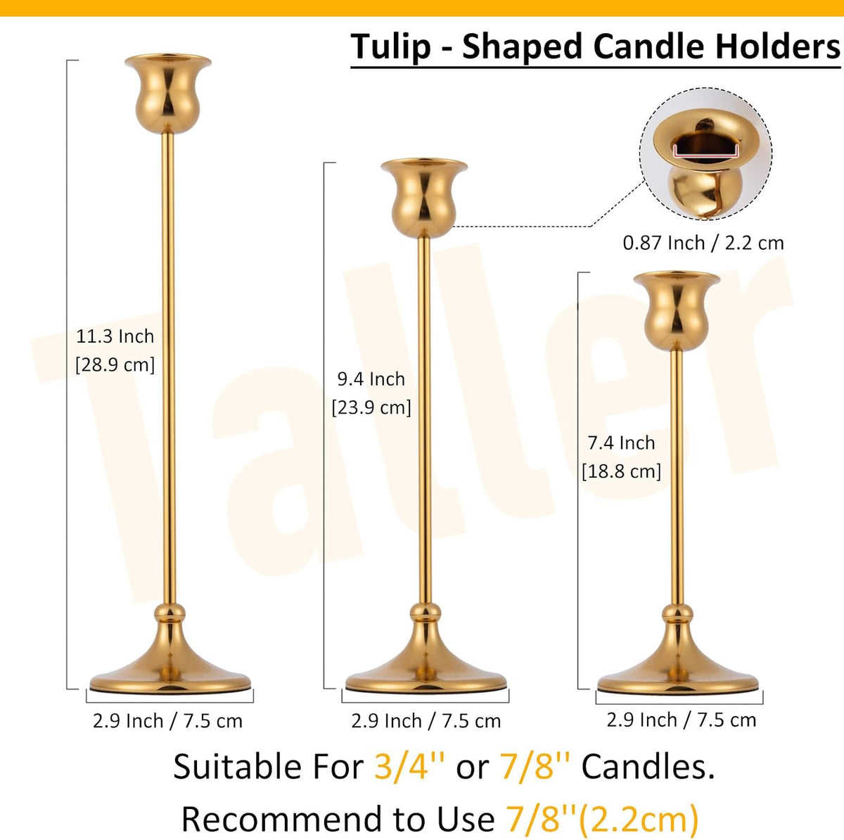 Taper Candle Holder Tall Vintage Metal Candlestick Holders Candle Stick Candelabra for Halloween Thanksgiving Christmas Holiday Wedding (Gold, 1 Set (3 pcs))