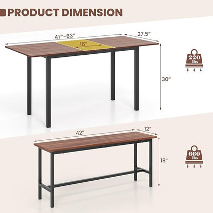 Giantex 3-Piece Dining Table Set for 4-8, 63” Extendable Dining Table with 2 Benches, Metal Frame, Dinette Table Set for Dinner, Breakfast Nook, Kitchen, Living Room, Restaurant, Walnut