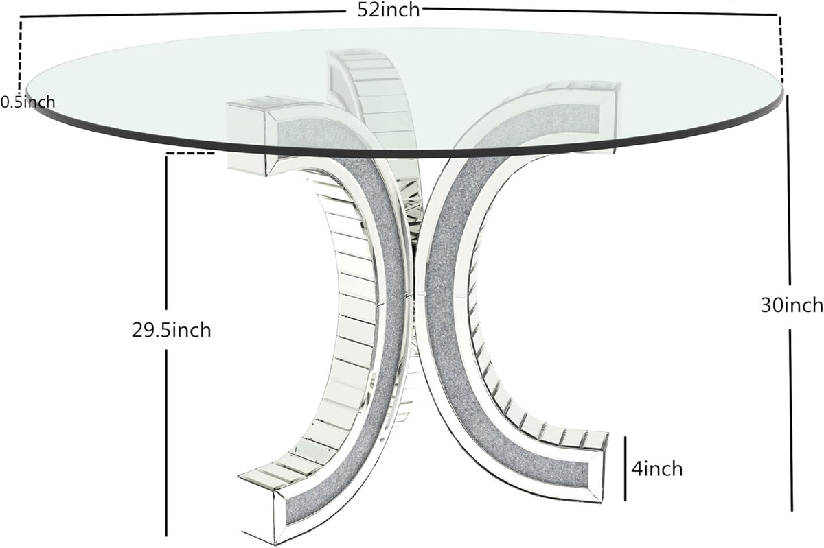 52" Round Glass Pedestal Dining Table with Tempered Glass Top, Mirrored Base with Crushed Diamonds, Modern Centerpiece