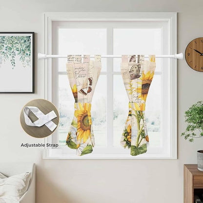 Yellow Sunflowers Bedroom Curtains 63 Inch Length, Window Curtains Tab Top, Country Farm Butterfly Flower Light Beige Light Filtering Window Treatments Drapes 42"x63" 2 Panel