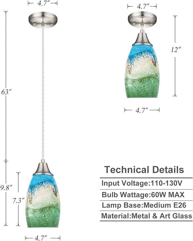 3pack Mini Pendant Lights Kitchen Island Hand Blown Art Glass Hanging Ceiling Pendant Light Over Kitchen Sink Glass Pendant Light Shade for Coffee Bar,Dining Room,Stairs Multi Color