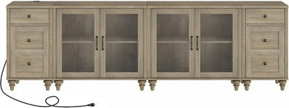 WAMPAT Sideboard Buffet Cabinets with 4-Glass Door, 4-in-1 Kitchen Storage Cabinets with Charging Station, Wood Coffee Bar Table with Adjustable Shelf & 2 Drawers for Dining Room, Living Room, Grey