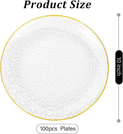 Rubtlamp 100 Pcs Gold Plastic Plates - 10 inch Clear Gold Dinner Plates - Hammer Pattern Design - Fancy Disposable Plate - Heavy Duty Party Plate Ideal for Wedding