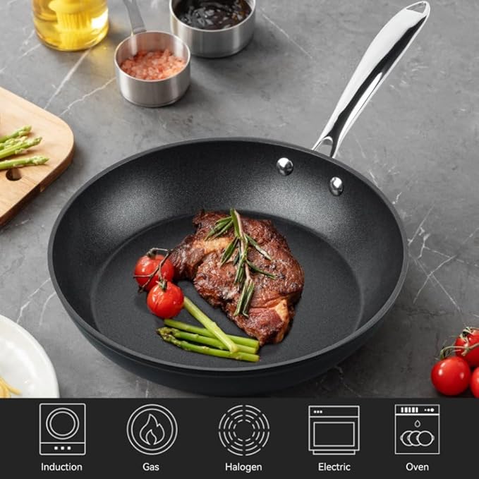 Frying Pan 10 Inch, Nonstick Frying Pan for Induction, 5-Ply Non Toxic Skillet with Stainless Steel Handle, Hard Anodised Aluminum Cookware, Oven Proof, Suitable for All Hobs