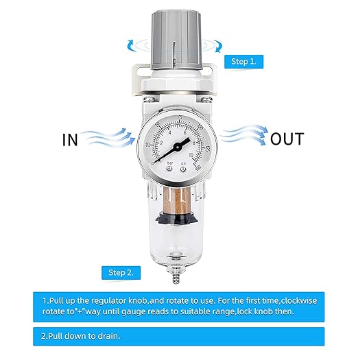 NANPU 1/4" NPT Compressed Air Filter Regulator Combo Piggyback, 5 Micron Brass Element, Poly Bowl, Semi-Auto Drain, Metal Bracket, 0-150 psi Gauge, Ball Valve