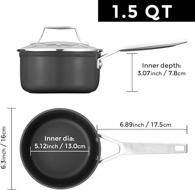 MSMK 1.5 Quart Saucepan with lid, Burnt also Non stick, Induction, Scratch-resistant, Small Cooking Pot