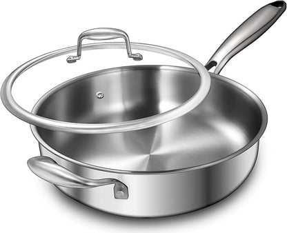 EWFEN 12 Inch Tri-Ply Stainless Steel Frying Pan, 5-Quart Deep Saute Pan with lids, PFOA&PTFE Free Skillet, Induction Cooking Pan, Dishwasher&Oven Safe,Works on All Cooktops